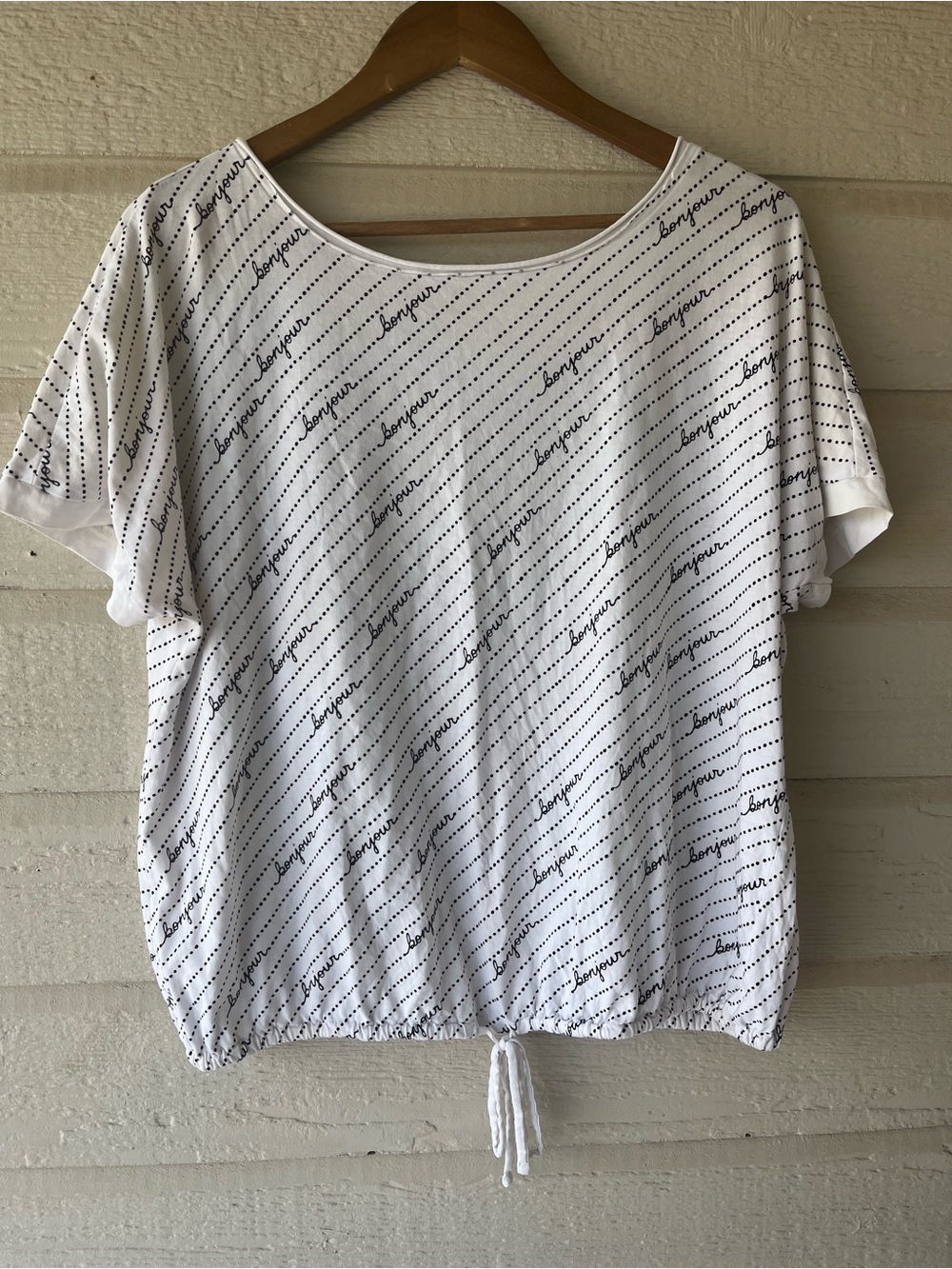 MAEVE by Anthropologie Top T-Shirt BONJOUR French script Drawstring Waist Small